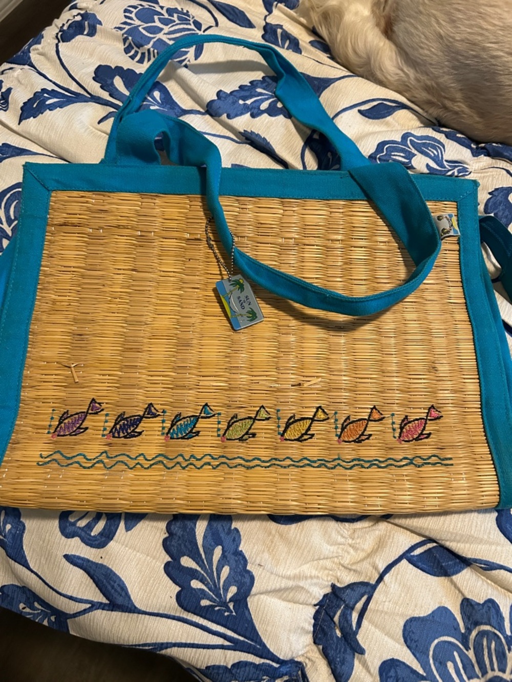 Turquoise-Trim Straw Tote with Multicolor Fish Embroidery